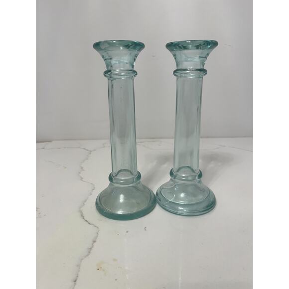 Vetreria Clear Green Hue Glass Candlesticks 7.75" Set of 2 - Picture 5 of 5